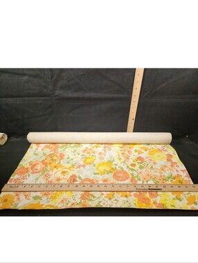 Vintage Orange Rose Flower Avocado Green Mid Century Wallpaper Roll Partial 1-24